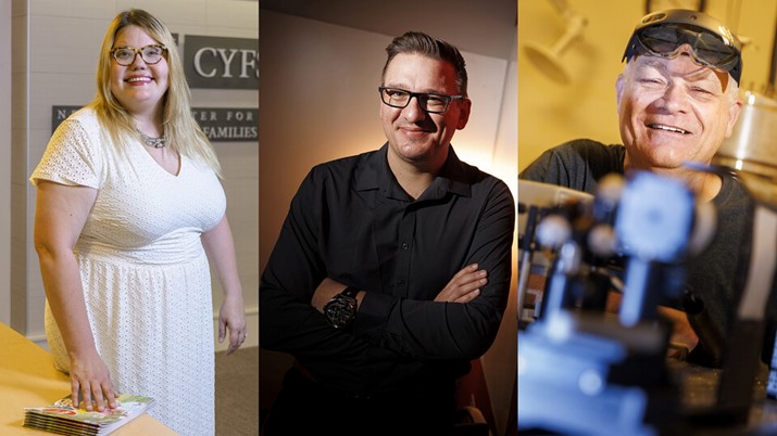 Leaders of research projects earning the university's first Grand Challenges Catalyst awards are (from left) Katie Edwards, Tomas Helikar and Kees Uiterwaal