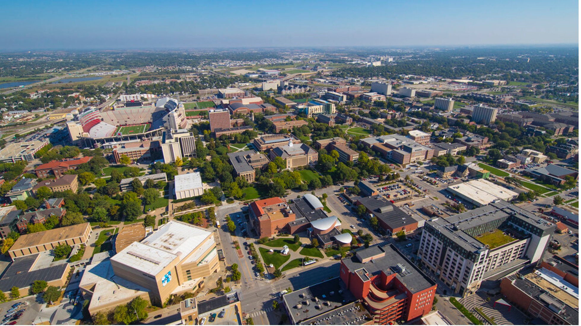 Aerial view of city campus.