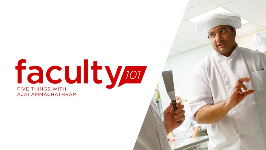 Ajai Ammachathram wears a chef uniform in the Faculty 101 Podcast promotional poster. 