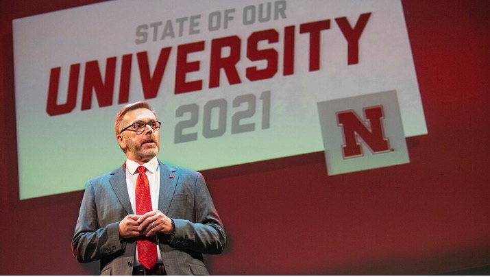 Chancellor Ronnie Green delivered the 2021 State of Our University address in the Lied Center for Performing Arts on Feb. 15. 