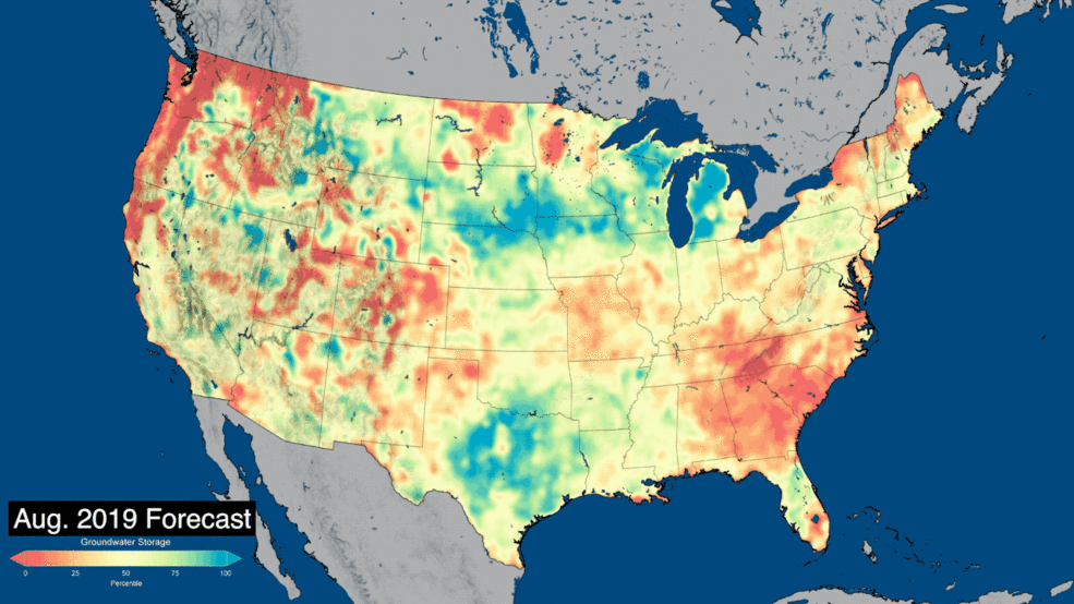 30, 60, and 90-day forecasts of dry and wet conditions relative to the historic record for the Lower 48 United States use groundwater data from the NASA/GFZ GRACE-FO satellites for the initial conditions. This comparison shows the groundwater forecast made for August 2019 compared to the output based on the satellite observations for the same month.