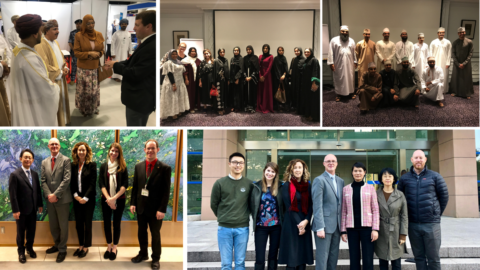 The Office of Global Strategies and PIESL staff enjoyed visiting institutional partners and prospective students in Oman (top), Japan (bottom left) and China (bottom right).