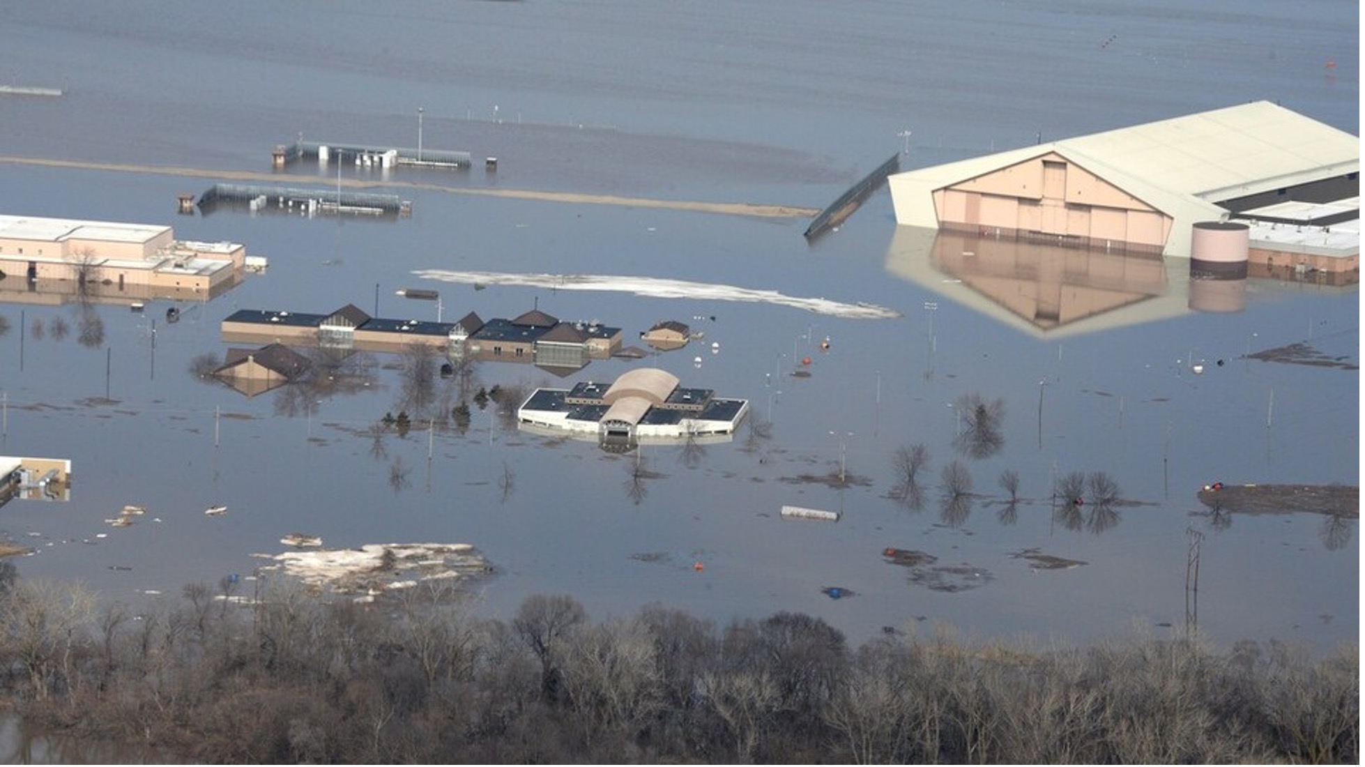 Many buildings on the southern half of Offutt Air Force Base near Bellevue, Nebraska, are flooded in March 2019.