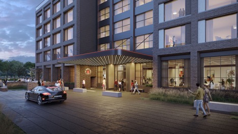 A rendering of The Scarlet Hotel, which will become the only hotel on campus when it opens in July 2021.