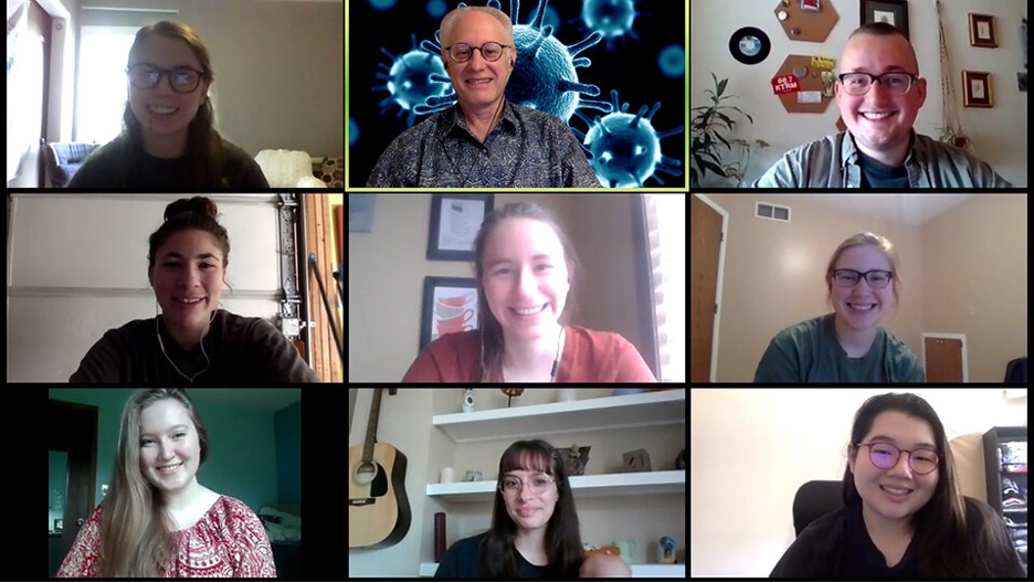 A Zoom meeting hosted by Nebraska's Mark Griep (top, center) and attended by students participating in the Research Experiences for Undergraduates program.