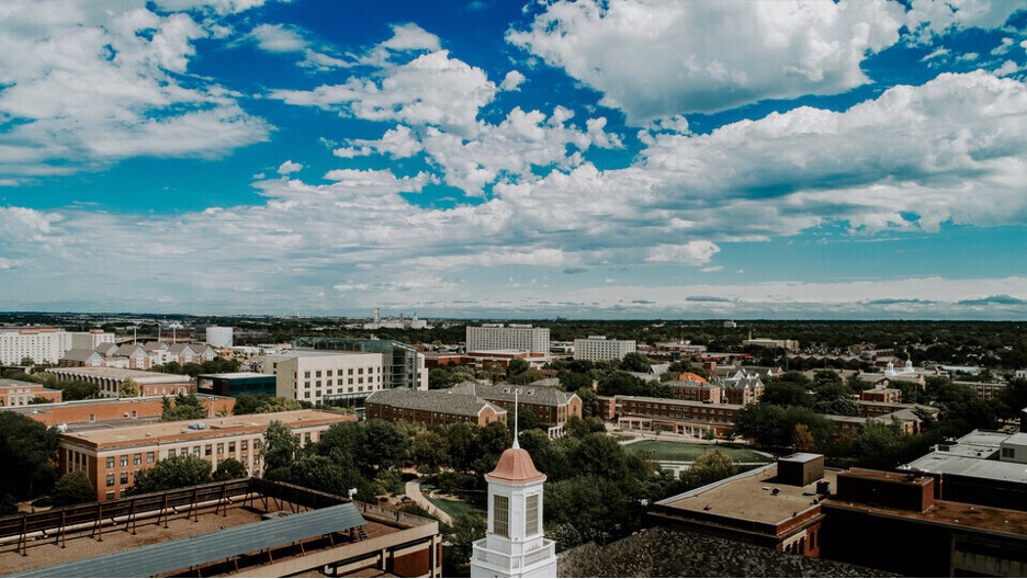 A skyline view of campus buildings.