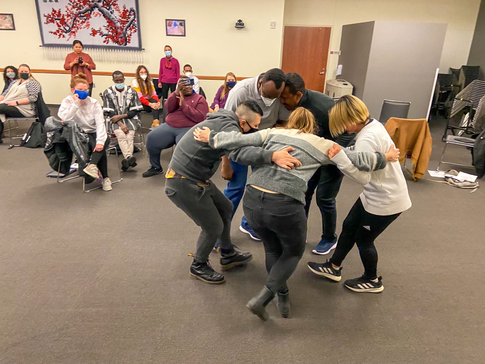 International and domestic students worked together in small groups during the Mar. 22 joint session with the Intensive English Program and TEAC 813J Intercultural Communication to share migration stories through dance. 