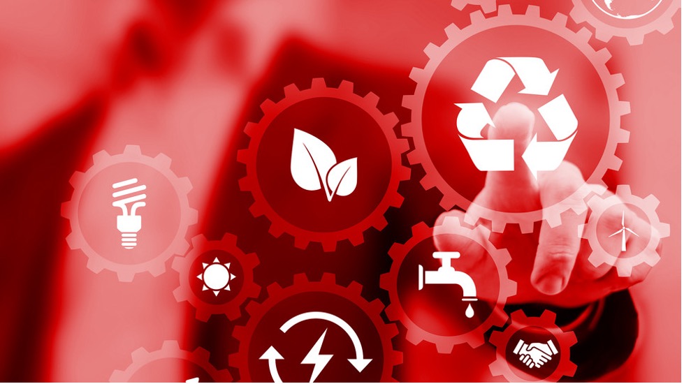 Logos that represent sustainability, such as recycling signs, leaves, and lightbulbs. 