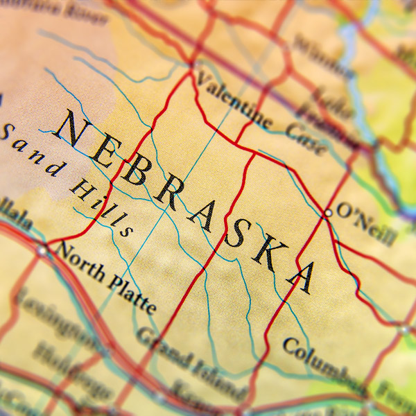 Map showing Nebraska zoomed in