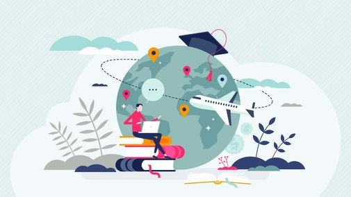 graphic illustration with airplane flying around globe wearing graduation cap and student sitting on stack of books