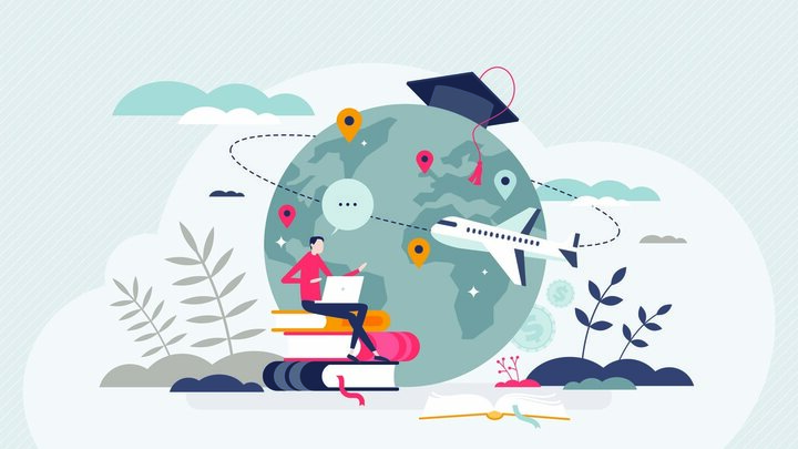 Illustration of a man sitting on a stack of books in front of a globe with an airplane circling it.