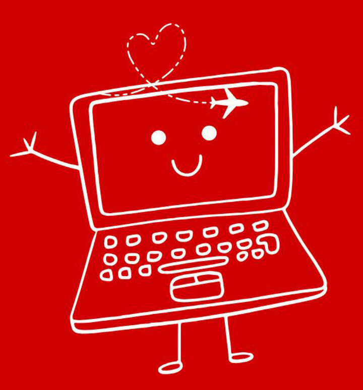 cartoon computer person with small airplane flying and smoke behind it shaped like a heart