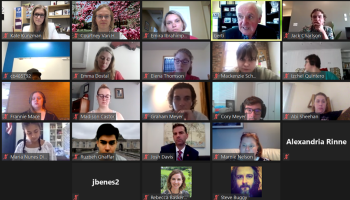 A Zoom screenshot of 20 UNL students attending the guest lecture by former Irish Prime Minister, Berti Ahern.